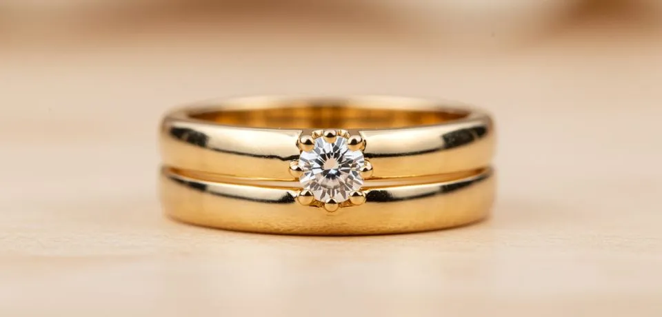 Macro shot of a polished gold diamond ring showing a flawless surface free of blemishes and dust.